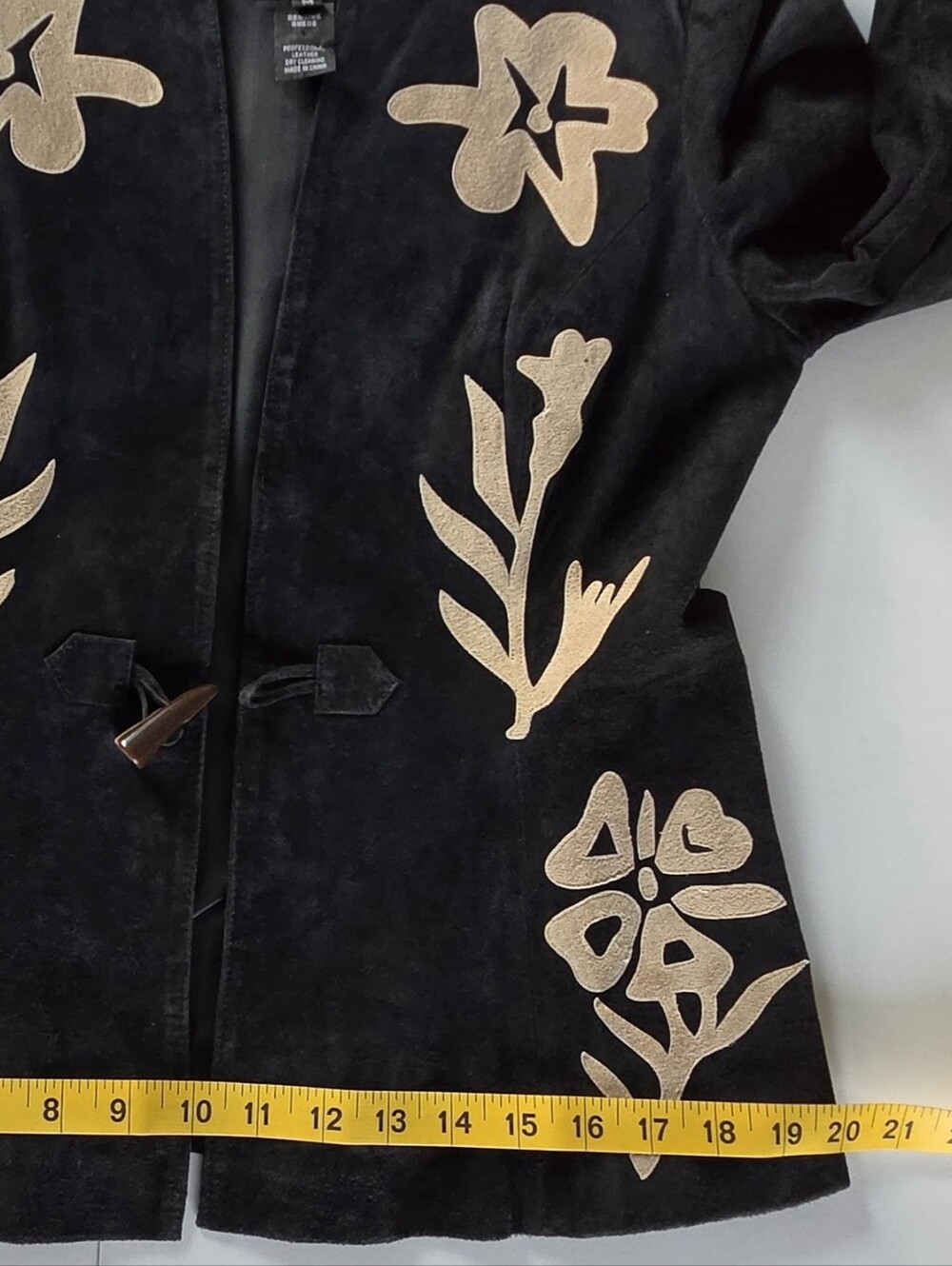 B&J Black Suede Floral Applique Jacket Autumn Outerwear Collarless Leather Coat - Picture 3 of 11